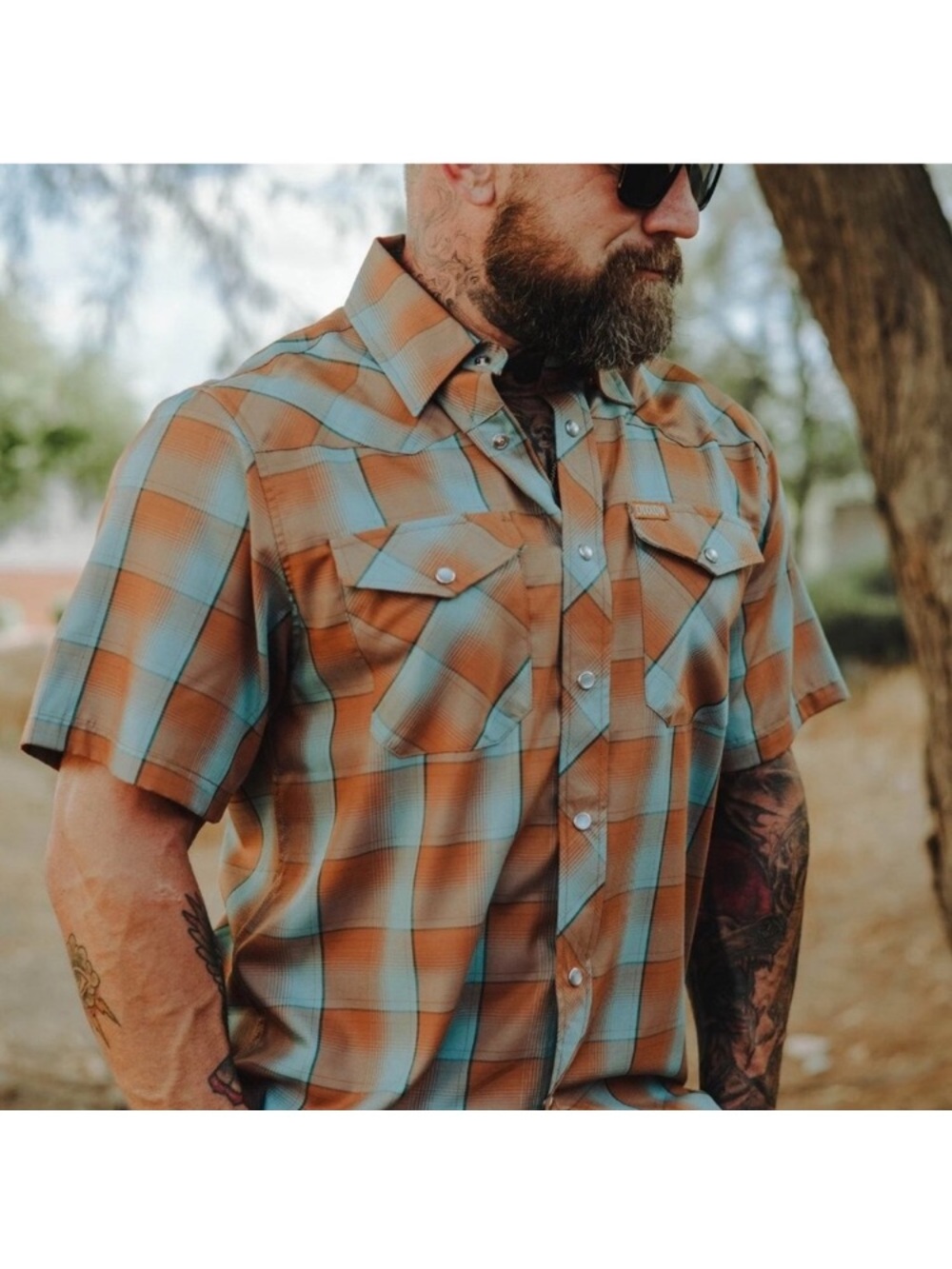 Dixxon L Short Sleeve Bamboo Shirt The Frontier Mens Plaid Brown and light  blue